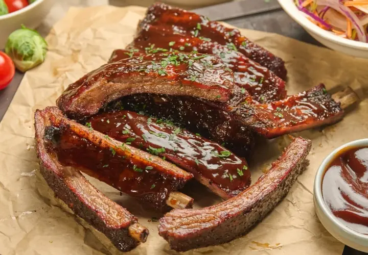 Délicieuses ribs partie du porc, nappées de sauce barbecue et parsemées de persil frais. Un délice à savourer !