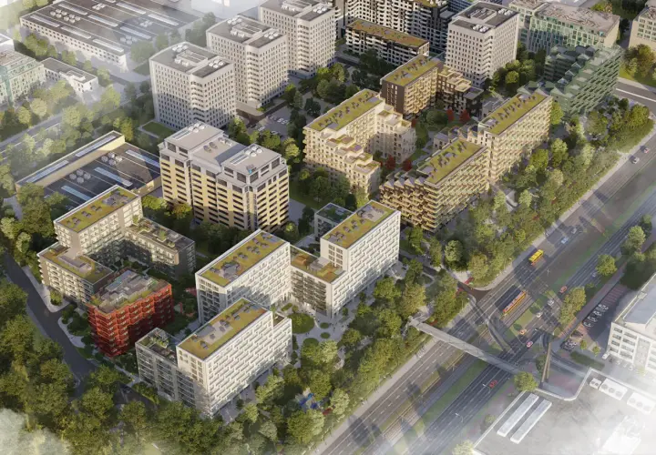 Nowoczesny Mokotów: osiedle z zielonymi dachami, nowoczesną architekturą i terenami zielonymi.