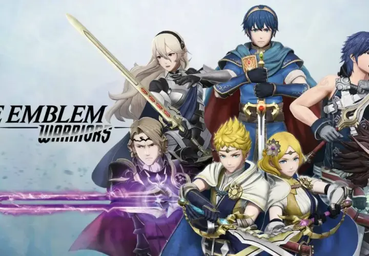 Postacie z gry Fire Emblem Warriors, w tym Corrin, Marth i Chrom, gotowi do walki.