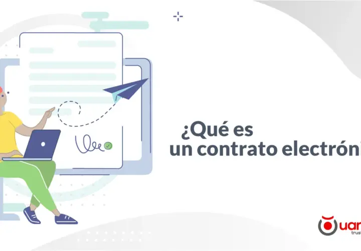 Ilustración de una mujer usando una laptop para firmar contrato a distancia.
