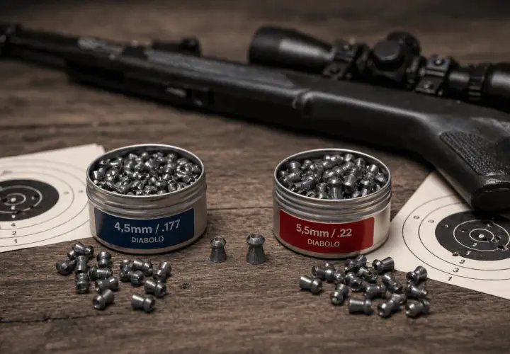 Plombs de calibre 5,5 mm et 4,5 mm, prêts pour le tir sur cible avec une carabine.