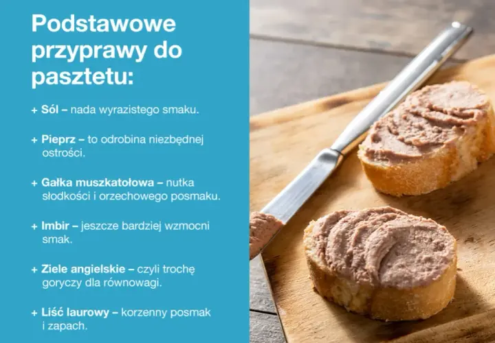 Podstawowe przyprawy do pasztetu: sól, pieprz, gałka muszkatołowa, imbir, ziele angielskie, liść laurowy. Na desce kromki chleba z pasztetem.