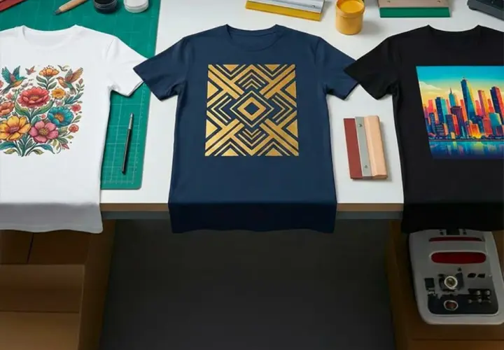 Trois t-shirts : un blanc avec des fleurs et des oiseaux, un bleu marine avec un motif géométrique doré, et un noir avec une ville colorée. Le processus de dtg printing est en cours.