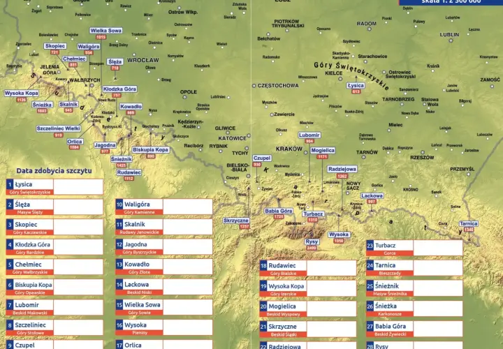 Mapa Polski z zaznaczonymi szczytami Korony Gór Polski i ich wysokościami.