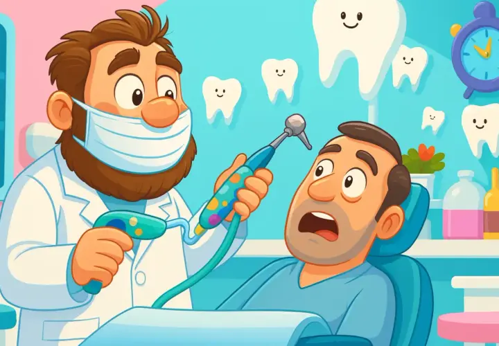 Dentysta w masce przygotowuje się do borowania zębów przerażonego pacjenta. W tle uśmiechnięte ząbki i zegar.