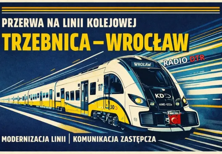 Pociąg KD na linii Trzebnica-Wrocław. Modernizacja linii i komunikacja zastępcza. Oznaczenia pociągów widoczne na składzie.