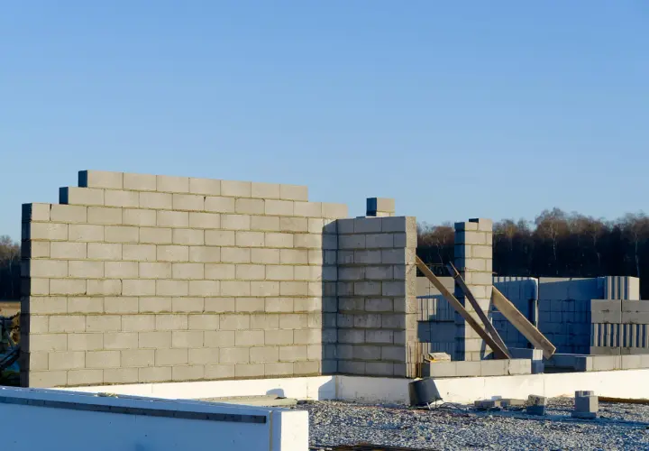 Budowa domu w toku. Wzniesiona ściana nośna z pustaków betonowych, widoczne fundamenty i materiały budowlane.