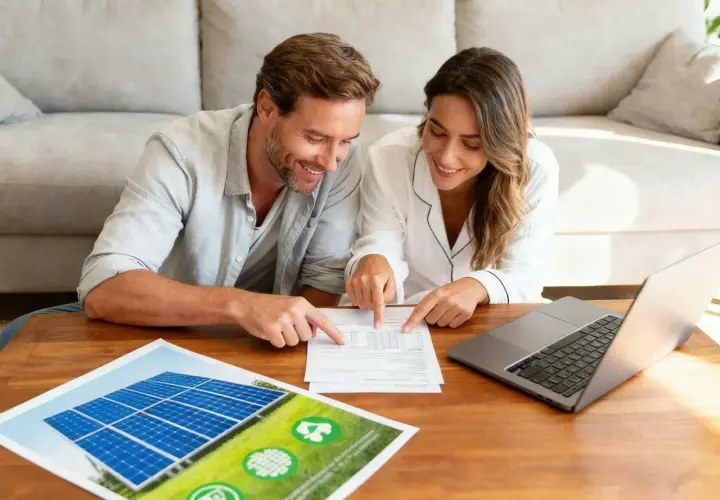 Para analizują rachunki i panele słoneczne, zastanawiając się, ile kosztuje 1 kWh energii.