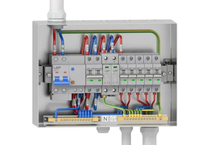 Wnętrze rozdzielnicy elektrycznej w domu: wyłączniki, bezpieczniki i przewody (niebieskie, czerwone, zielono-żółte) połączone z listwami.