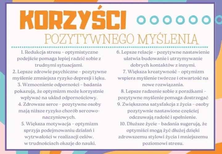 Korzyści pozytywnego myślenia: mniej stresu, lepsze zdrowie psychiczne, większa motywacja i dłuższe życie. Optymizm to klucz do szczęścia.