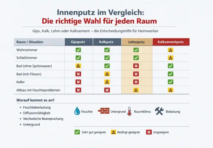 Vergleichstabelle für Innenputz: Gips, Kalk, Lehm und Kalkzement. Zeigt Eignung für Wohn-, Schlafzimmer, Bäder, Keller und Altbau. Kalkzementputz ist vielseitig.