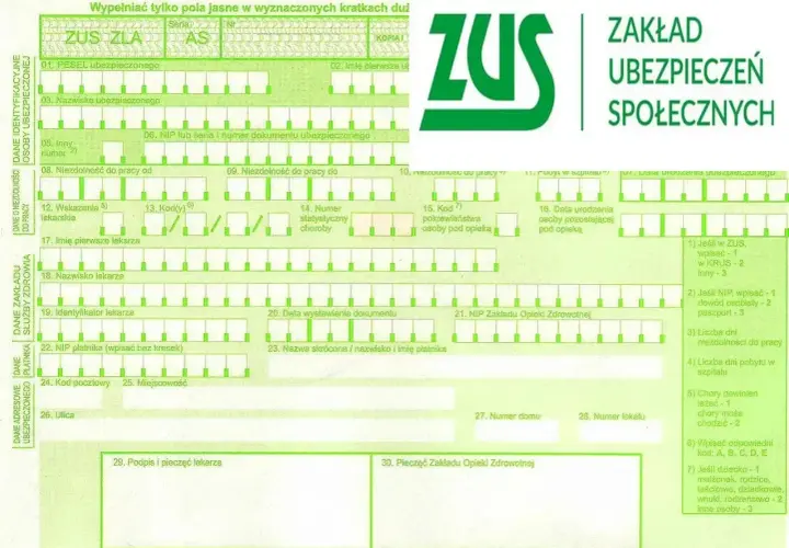 Formularz ZUS ZLA z zielonym logo ZUS.