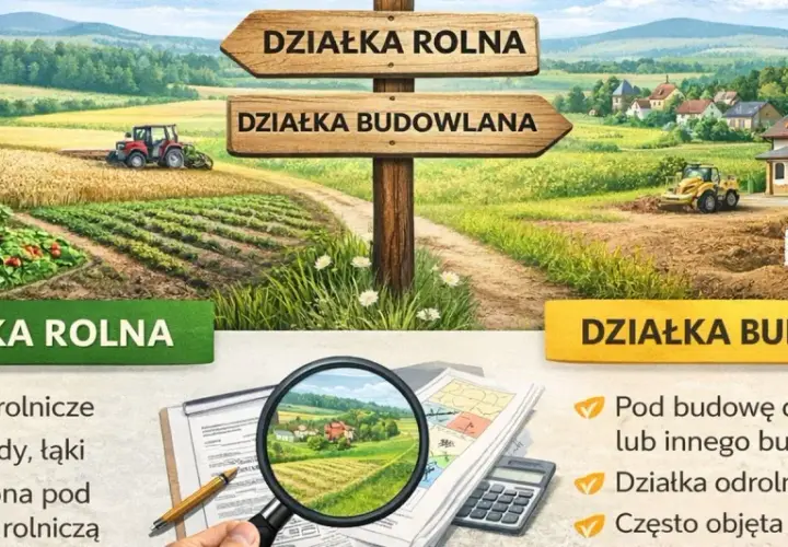 Rozróżnienie: czy działka rolna z warunkami zabudowy jest działka budowlana? Ilustracja pokazuje krajobraz z podziałem na działkę rolną (uprawy, traktor) i budowlaną (dom w budowie, koparka).