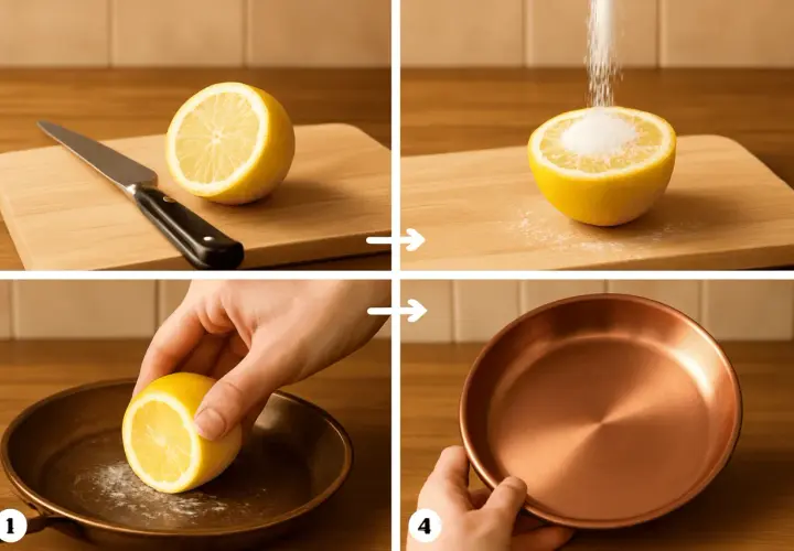 Limpia el cobre con limón y sal. El ácido cítrico y la sal actúan como abrasivo natural para eliminar la suciedad y el óxido.
