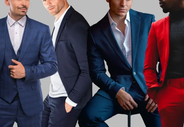 Czterech mężczyzn w eleganckich garniturach. Jeden w kratę, drugi w granacie, trzeci w granacie, czwarty w czerwieni. Wszyscy noszą poszetka bez krawata.
