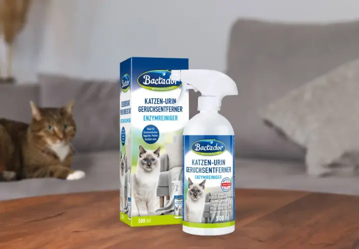 Bactador Enzymreiniger zur effektiven Neutralisierung von Katzenurin. Ein sauberer Haushalt für dich und deine Katze.