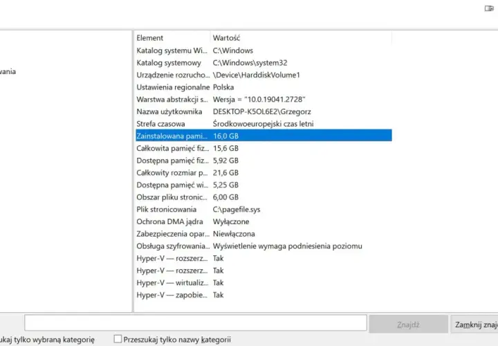 Informacje o systemie: jak sprawdzić jaki mam RAM? Zainstalowana pamięć fizyczna: 16,0 GB.
