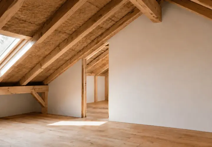 Interno di un sottotetto con travi in legno a vista e lucernario. Il pavimento è in parquet chiaro. L'isolamento sottotetto è visibile tra le travi.