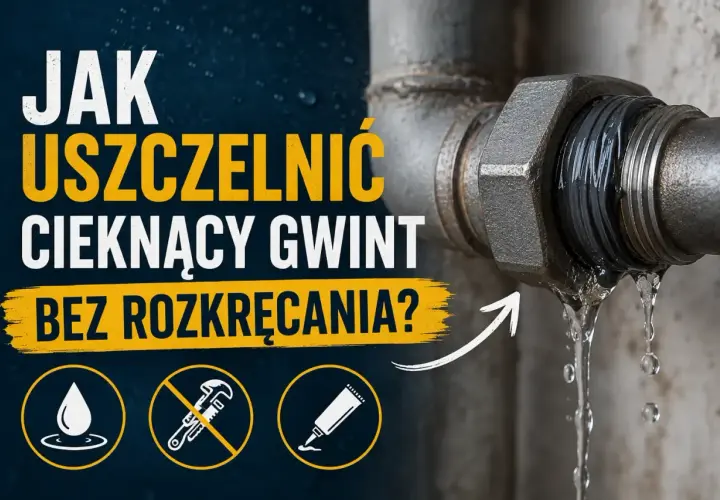 Jak uszczelnić cieknący gwint bez rozkręcania? Woda kapie z metalowego połączenia. Ikony: kropla, klucz z przekreśleniem, tubka z uszczelniaczem.