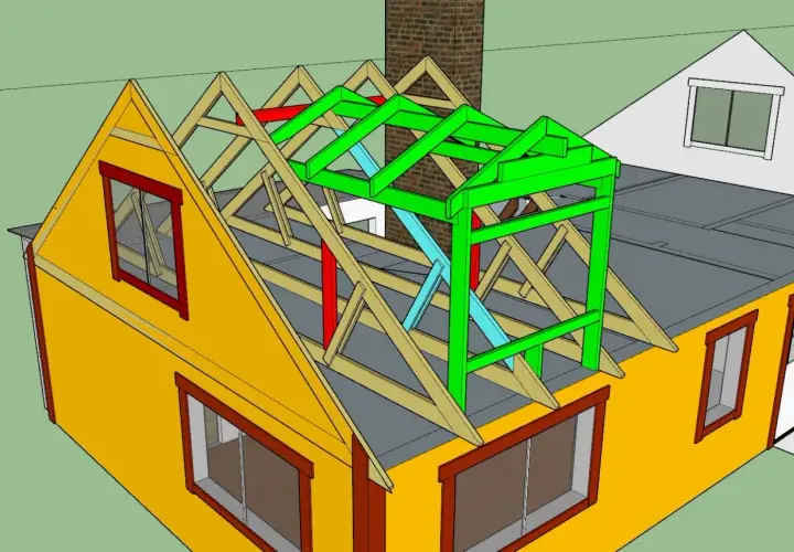 3D-modell visar stommen för att bygga takkupa. Träbjälkar och färgade stöd skapar den nya strukturen ovanpå husets tak.