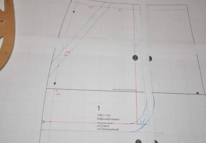 Sewing pattern for Hollywood trousers, showing different types of pockets on pants. Includes measurements and cutting instructions.