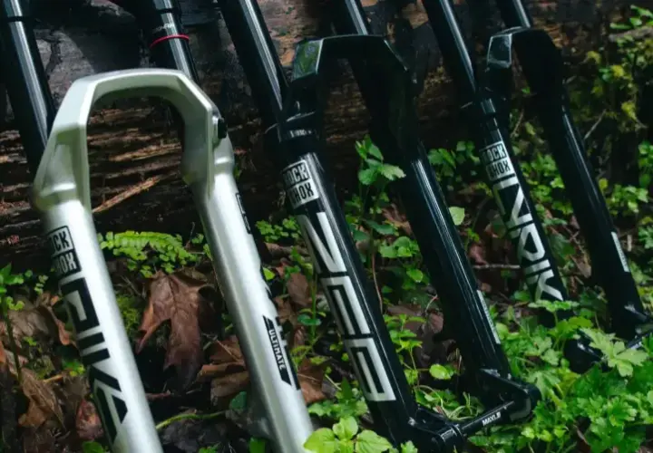 A silver RockShox Pike and black RockShox Lyrik forks lean against a log, ready for trail adventures.