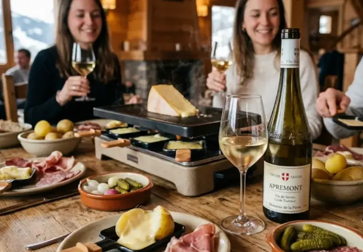 Un groupe d'amis savoure une raclette, accompagnée d'un vin rouge de Savoie. Les pommes de terre, charcuteries et cornichons sont prêts à être dégustés.