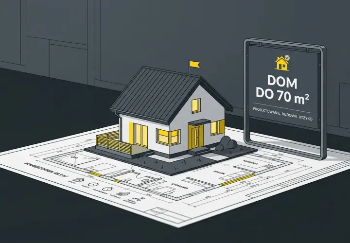 Model domu na planie, obok tablica "DOM DO 70 m²". Odbiór domu bez ocieplenia może wiązać się z ryzykiem.