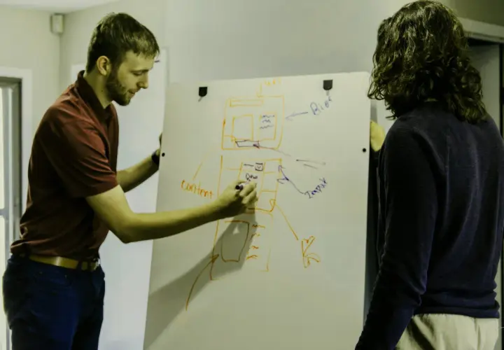 Dwóch mężczyzn planuje projekt na tablicy. Jeden pisze "content", drugi patrzy, jakby chciał uniknąć filistra.