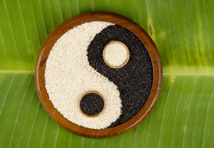 Simboli yin e yang di semi di sesamo bianchi e neri, disposti su una foglia verde.