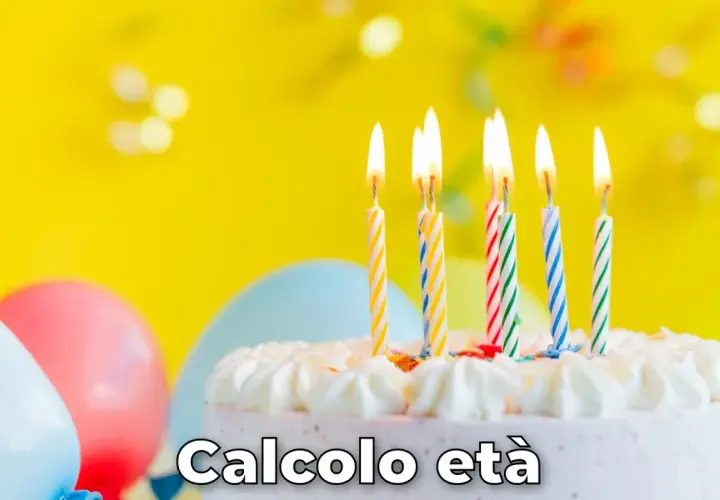 Torta di compleanno con candeline accese e palloncini colorati. Testo "Calcolo età" suggerisce un modo per festeggiare e scoprire quanti anni compi.