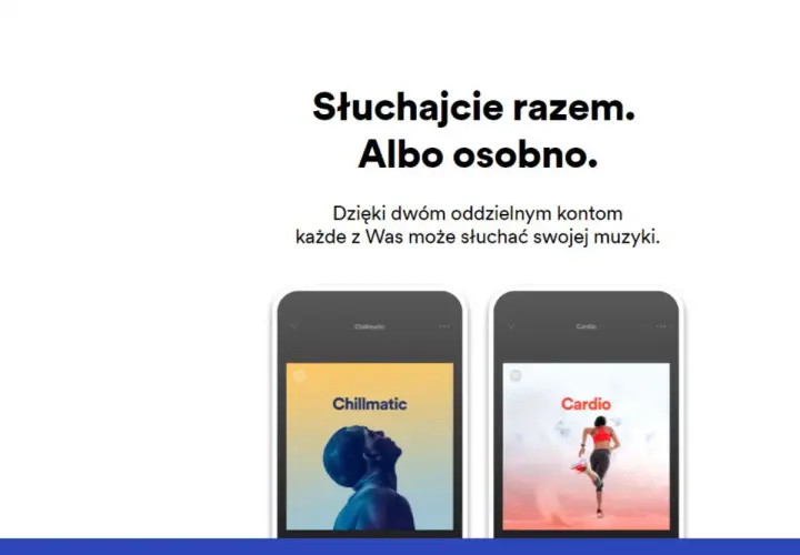 Dwa telefony z aplikacją Spotify, jeden z okładką "Chillmatic", drugi z "Cardio".