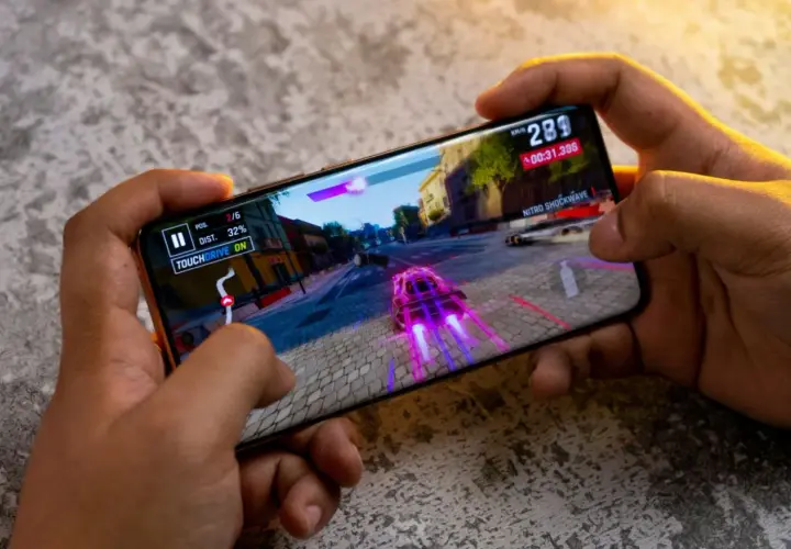 Ręce trzymają smartfon, na którym gra wyścigowa. Ten telefon do 2500 zł świetnie radzi sobie z grafiką.