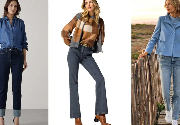 Trois femmes portent des jeans. L'une a un jean droit retroussé, l'autre un jean évasé, et la troisième un jean décontracté.