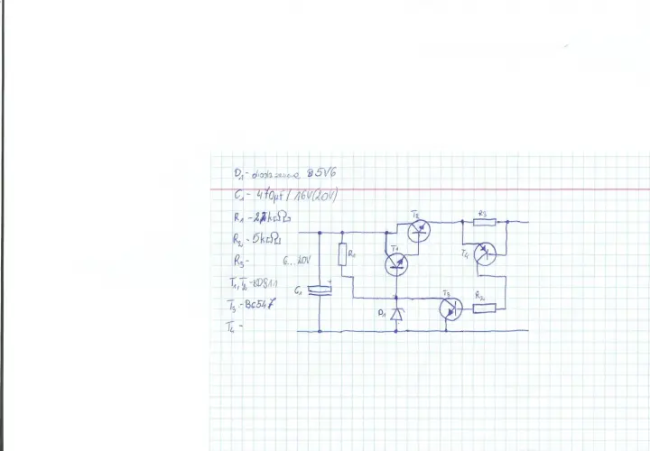 Schemat elektroniczny z elementami R1, R2, R3, T1, T2, T3, T4, D1, C1. Obserwujemy spadek napięcia na rezystorze R2.