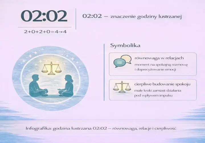 Godziny anielskie 02:02 symbolizują równowagę w relacjach i cierpliwe budowanie spokoju.