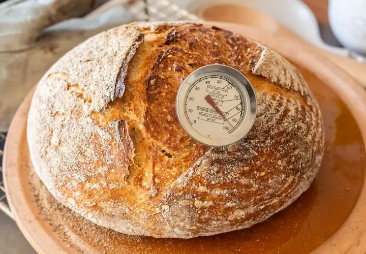 Pan artesanal recién horneado, listo para disfrutar. El termómetro indica la temperatura perfecta para hacer pan con masa madre.
