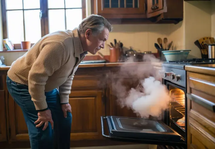 Hombre preocupado mira humo denso salir del horno abierto. El humo del horno es tóxico, ¡cuidado!
