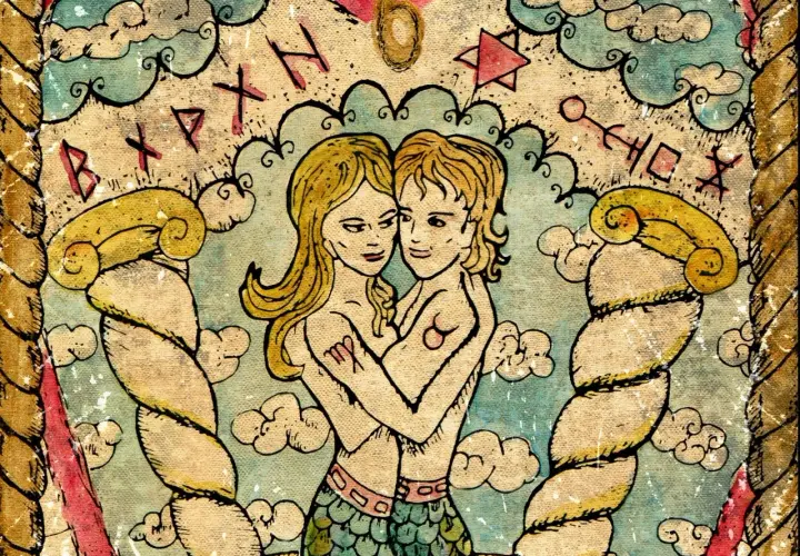 Tarot na miłość: dwie postacie w objęciach, otoczone chmurami i runami.