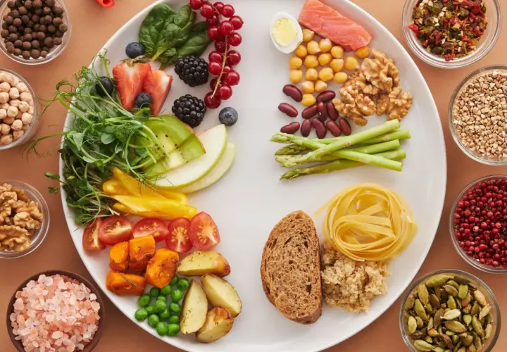 Un piatto colorato con salmone, verdure, frutta, legumi e cereali, un esempio di dieta per disbiosi intestinale.