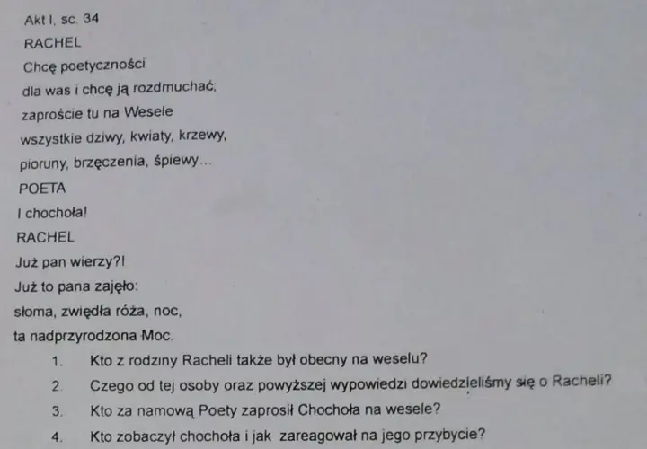 Kto zaprasza Chochoła na wesele? Poeta namawia Rachelę, by zaprosiła go na Wesele.