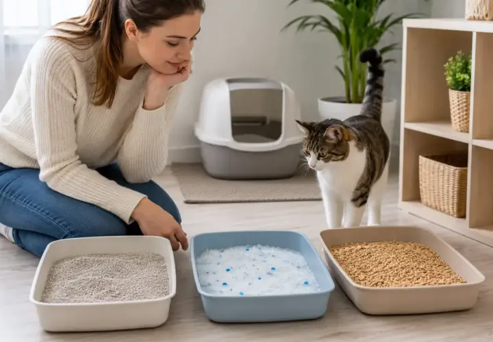 Mujer compara diferentes tipos de arena para gatos: aglomerante, sílice y pellets. Su gato observa.