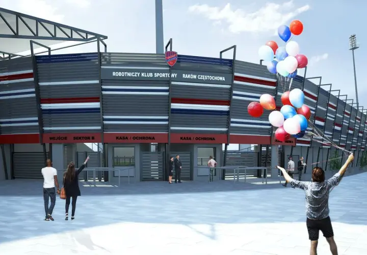 Nowy stadion Rakowa Częstochowa, z imponującą pojemnością, wita kibiców. W tle widać wejścia i kasy.