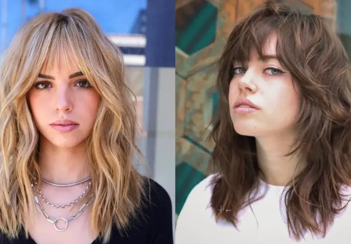 Dos mujeres lucen un corte shag moderno. Una con cabello rubio ondulado y flequillo, la otra con cabello castaño con capas desordenadas.