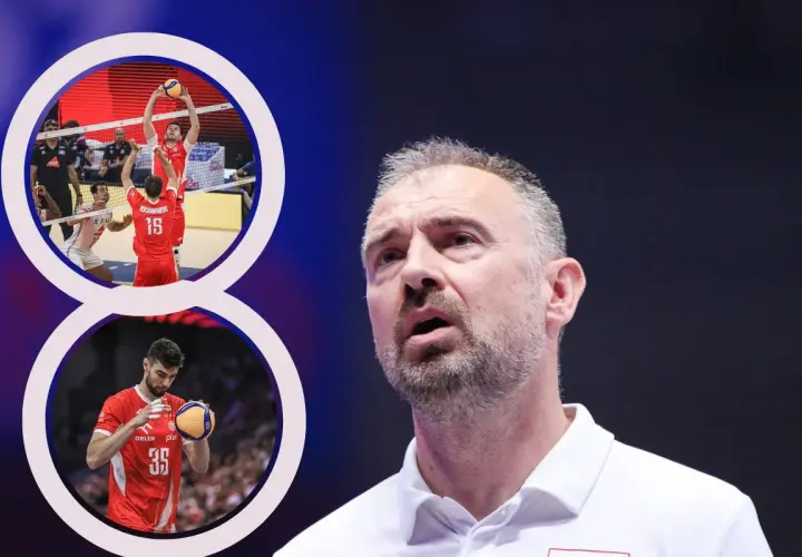 Trener siatkarzy reprezentacji Polski w akcji. W kadrach widać zawodników w czerwonych strojach podczas meczu.