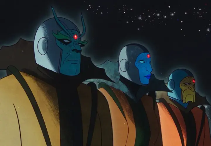 Trois figures bleues, ressemblant aux gardiens du temps Marvel, portent des robes colorées sous un ciel étoilé.