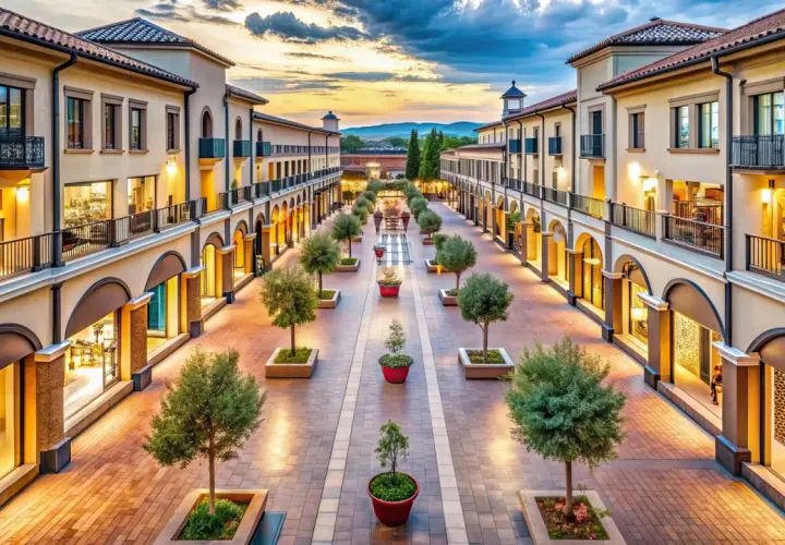 Allée d'un **outlet en Italie** bordée de boutiques élégantes, d'arbres en pots et éclairée par des lumières chaudes au crépuscule.