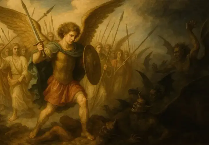 Archanioł Michał w zbroi, z mieczem i tarczą, prowadzi anielskie zastępy do walki z demonami.