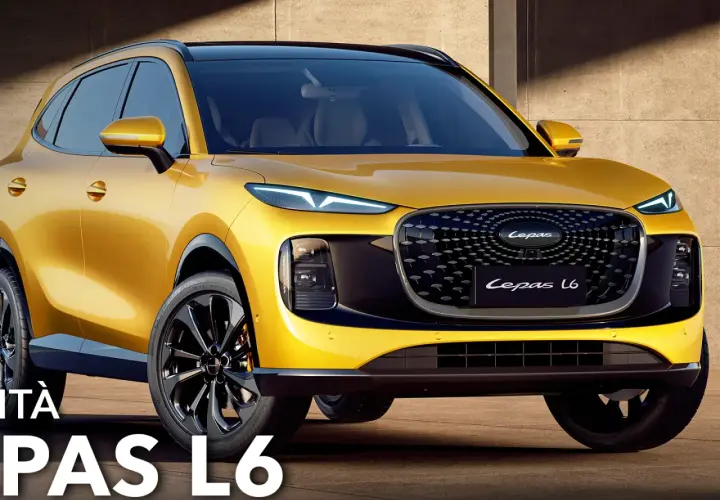 Un SUV giallo brillante, il Lepas L6, con un design audace e fari a LED affilati, si presenta con grinta.