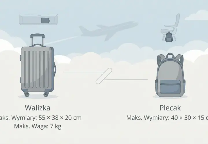 Porównanie walizki i plecaka jako bagaż podręczny. Walizka: 55x38x20 cm, 7 kg. Plecak: 40x30x15 cm.